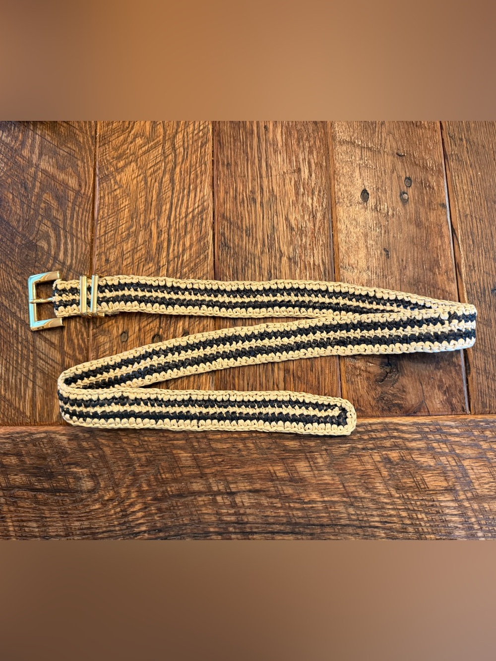 J. Crew Tan and Black Braided Rafita Belt with Gold Buckle